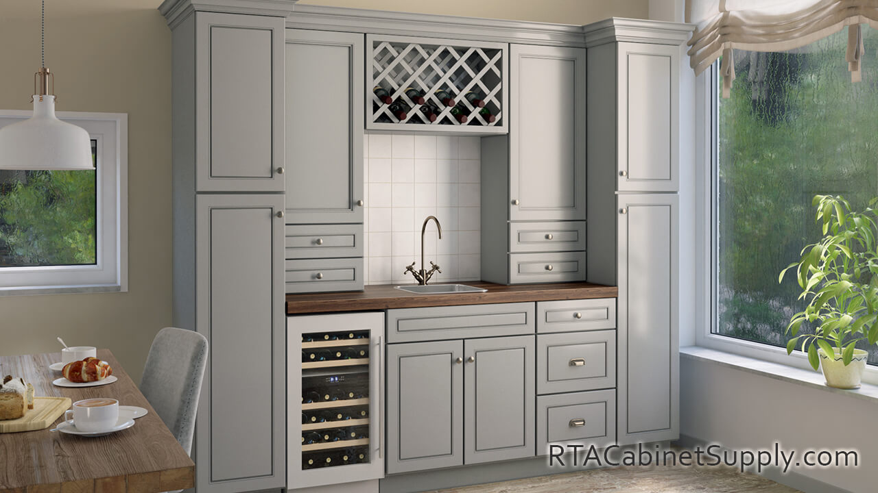 Aspen Grey home bar cabinet with a wine storage.