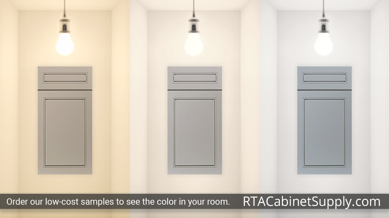 Aspen Grey cabinet door under different light.