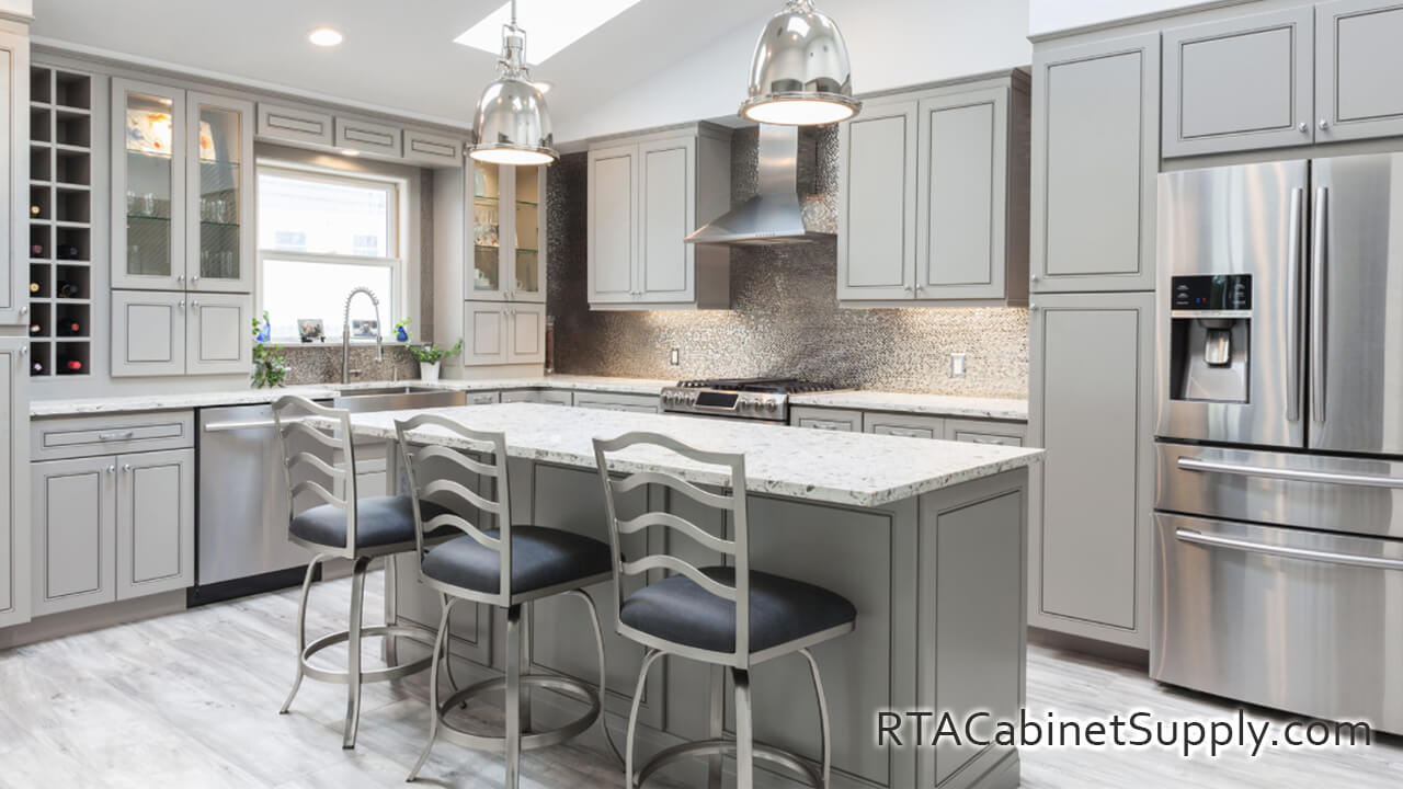 Aspen Grey kitchen full view with an island.