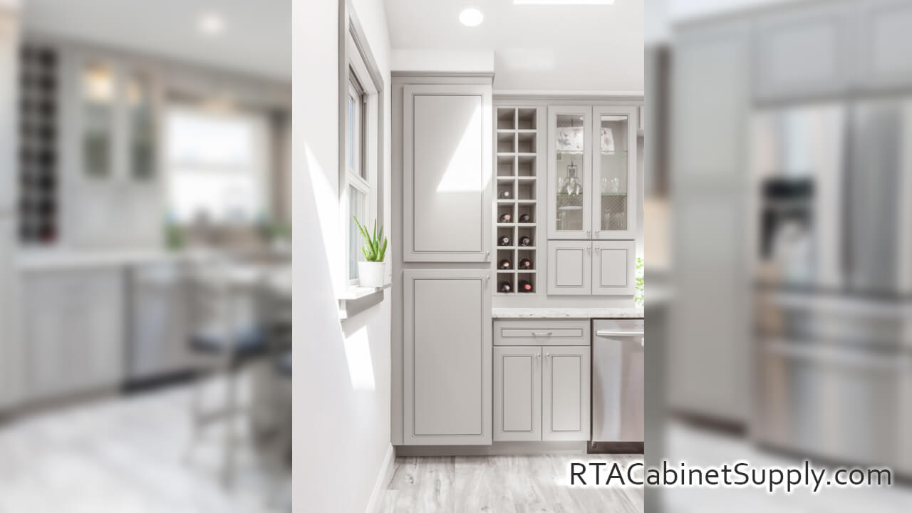 Aspen Grey pantry cabinets with a wine rack.