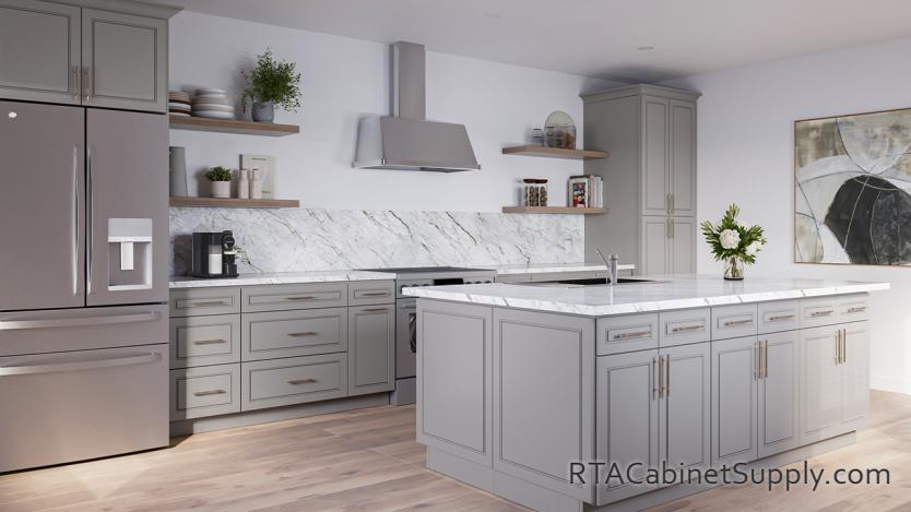 Aspen Grey kitchen angle view with an island.