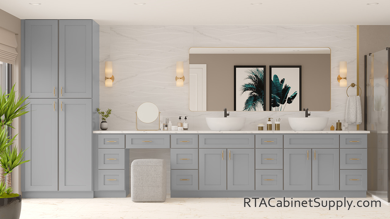 Bridgeport Grey Shaker bathroom vanity cabinets full view.