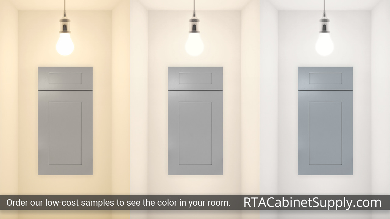 Bridgeport Grey Shaker cabinet door under different light.