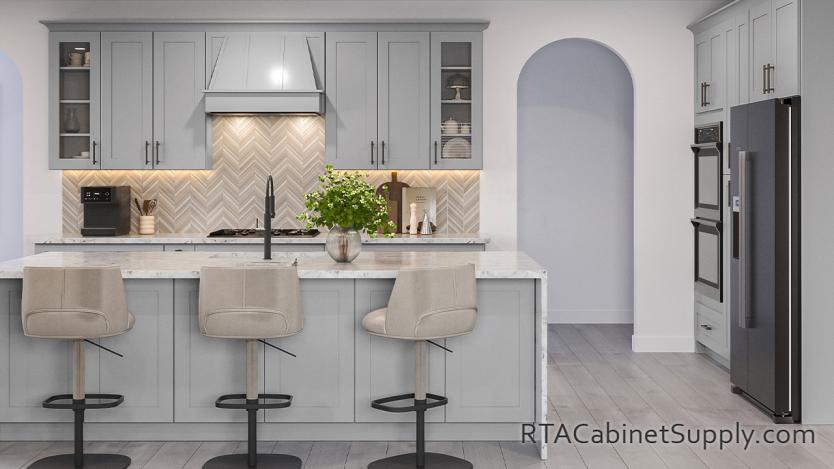 Bridgeport Grey Shaker kitchen front view with an island.