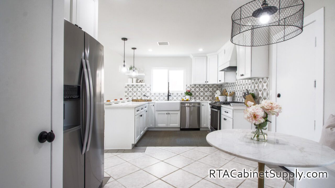 Bristol White kitchen with wood hood.