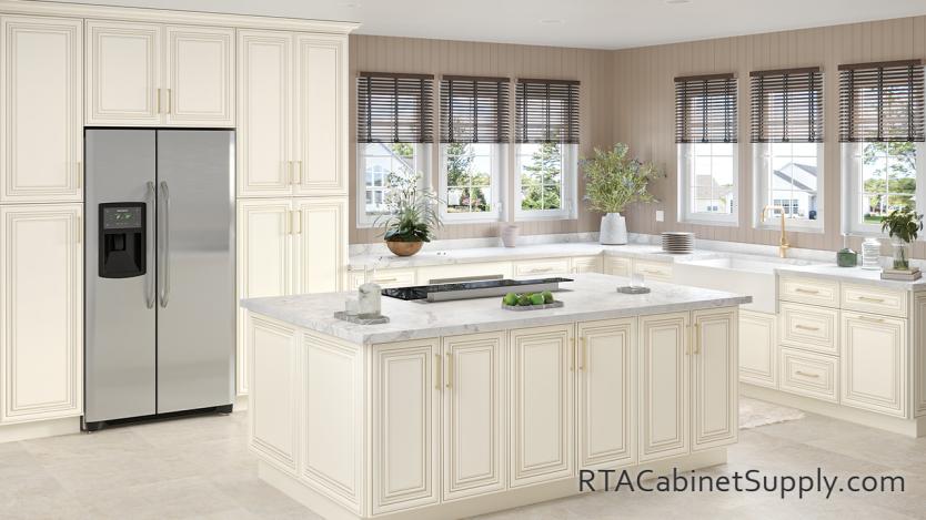Charleston Cream kitchen full view with an island.