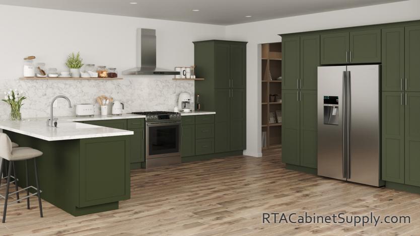 Chatham Hunter Green kitchen angle view with an island.