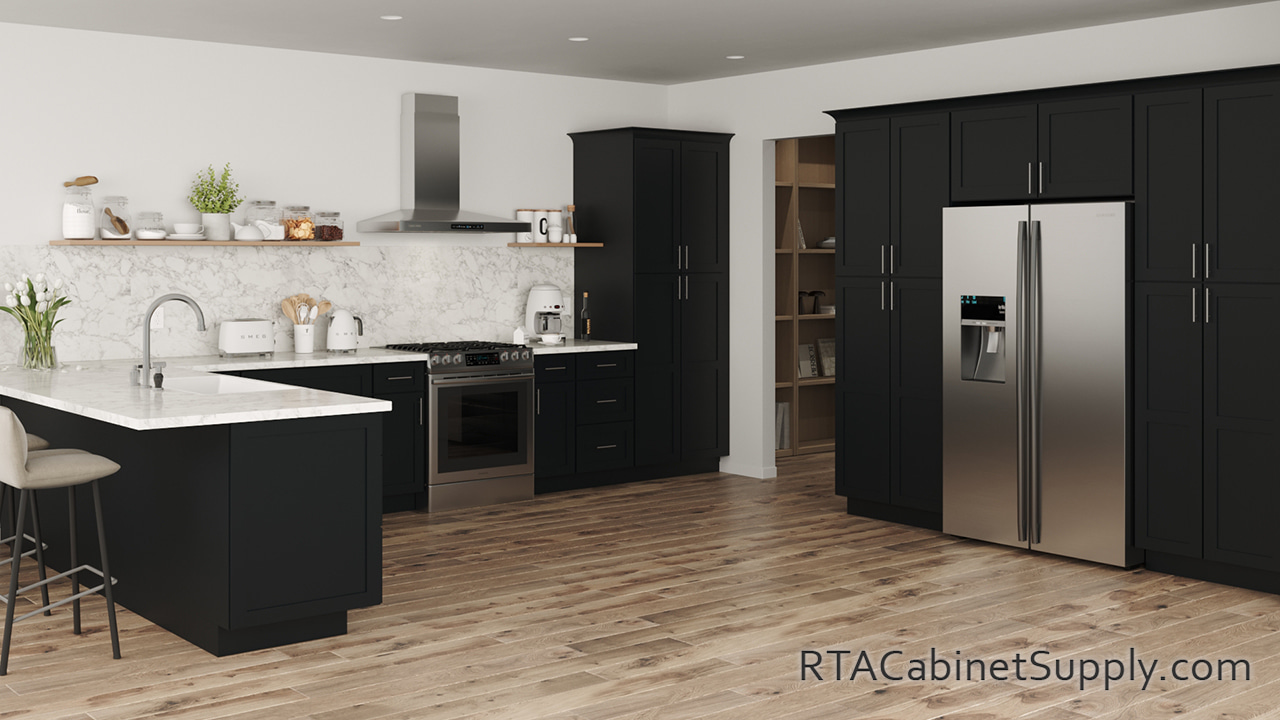 Chatham Pitch Black kitchen angle view with an island.