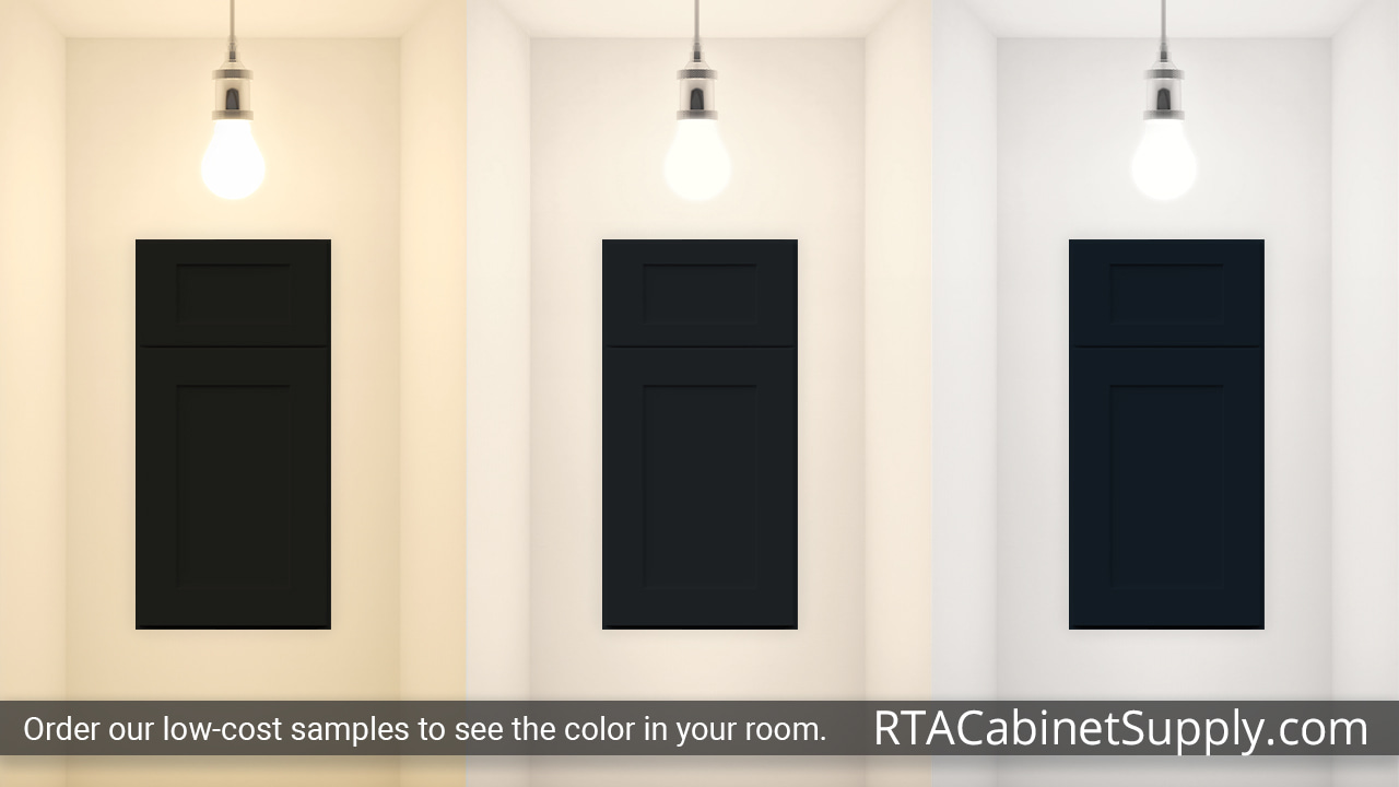 Chatham Pitch Black cabinet door under different light.