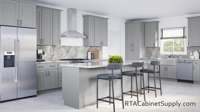 Classic Grey Shaker kitchen full view with an island.
