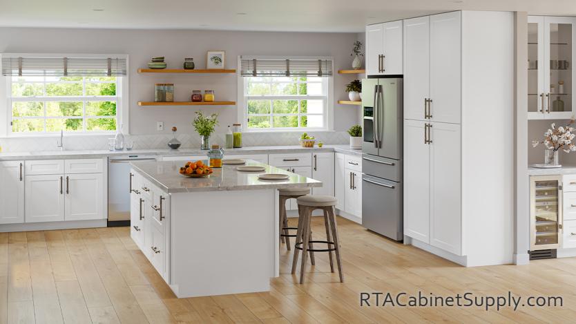 Classic White Shaker kitchen full view with an island and pantry.