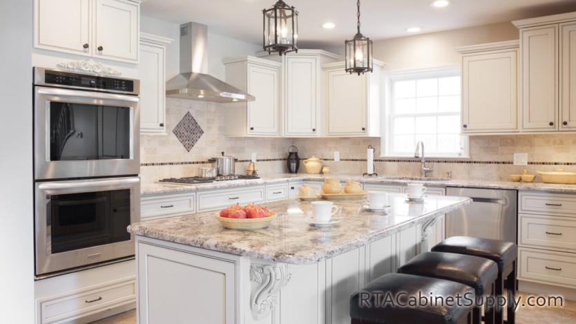 Dark Cream Glaze kitchen angle view with an island.