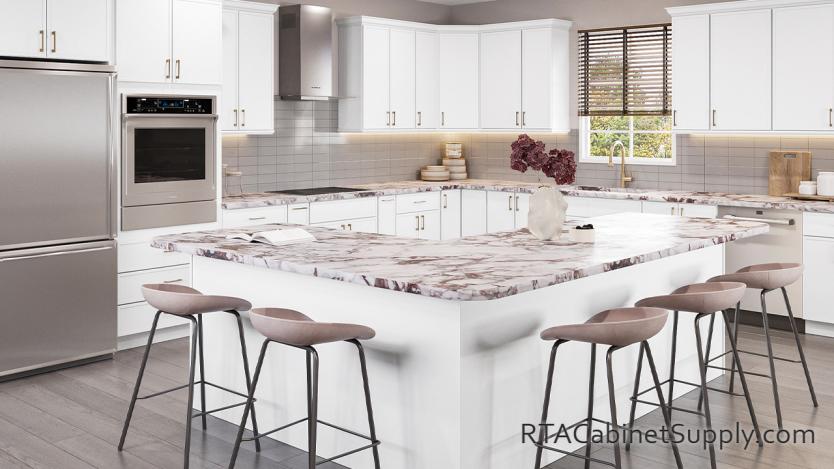 Dayton Slim White Shaker kitchen angle view with an island.