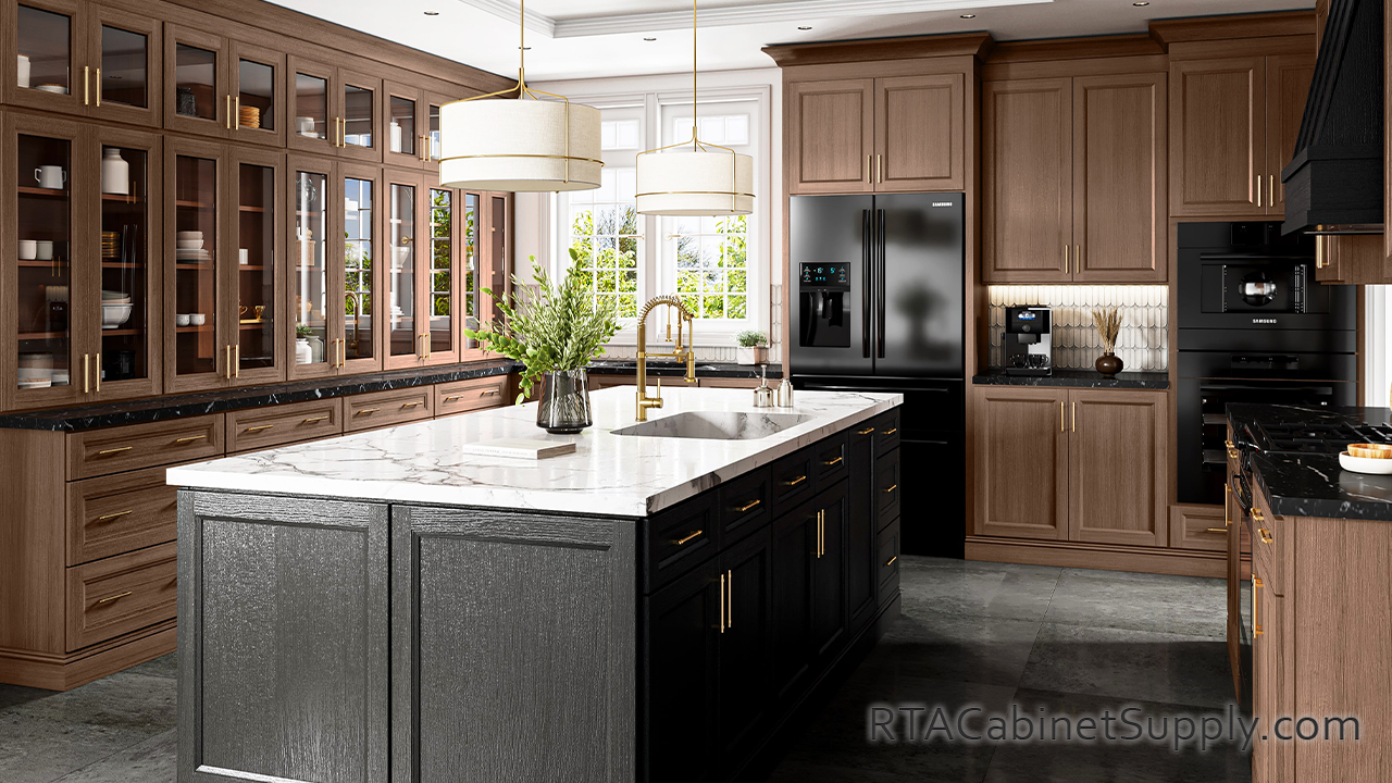 Easton Bourbon Oak kitchen with wall glass cabinets.