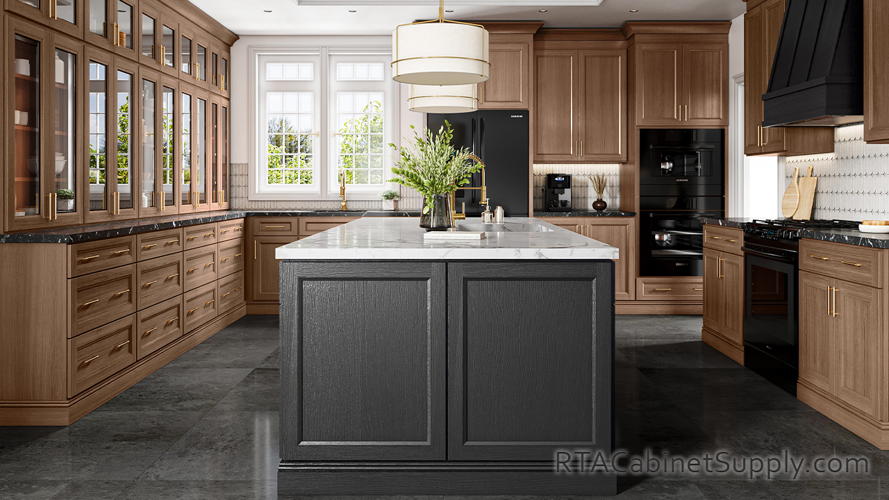 Easton Bourbon Oak kitchen with oven cabinet.