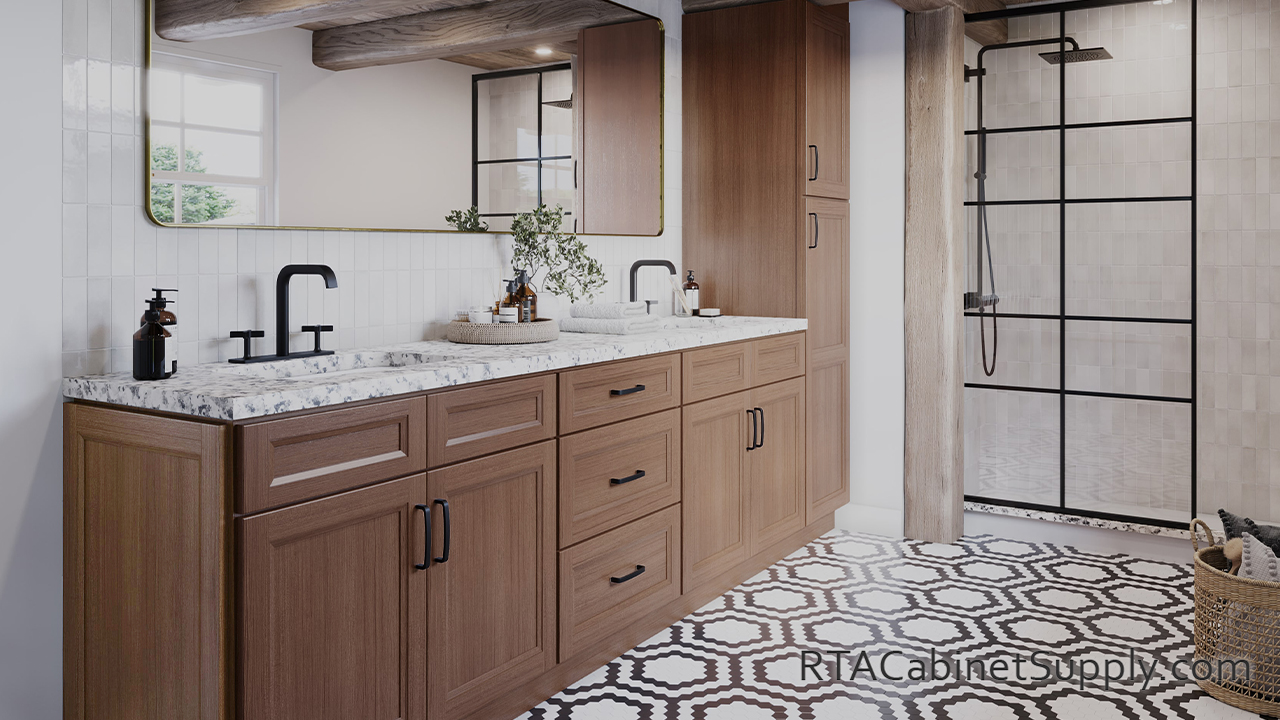 Easton Bourbon Oak bathroom vanity cabinets.
