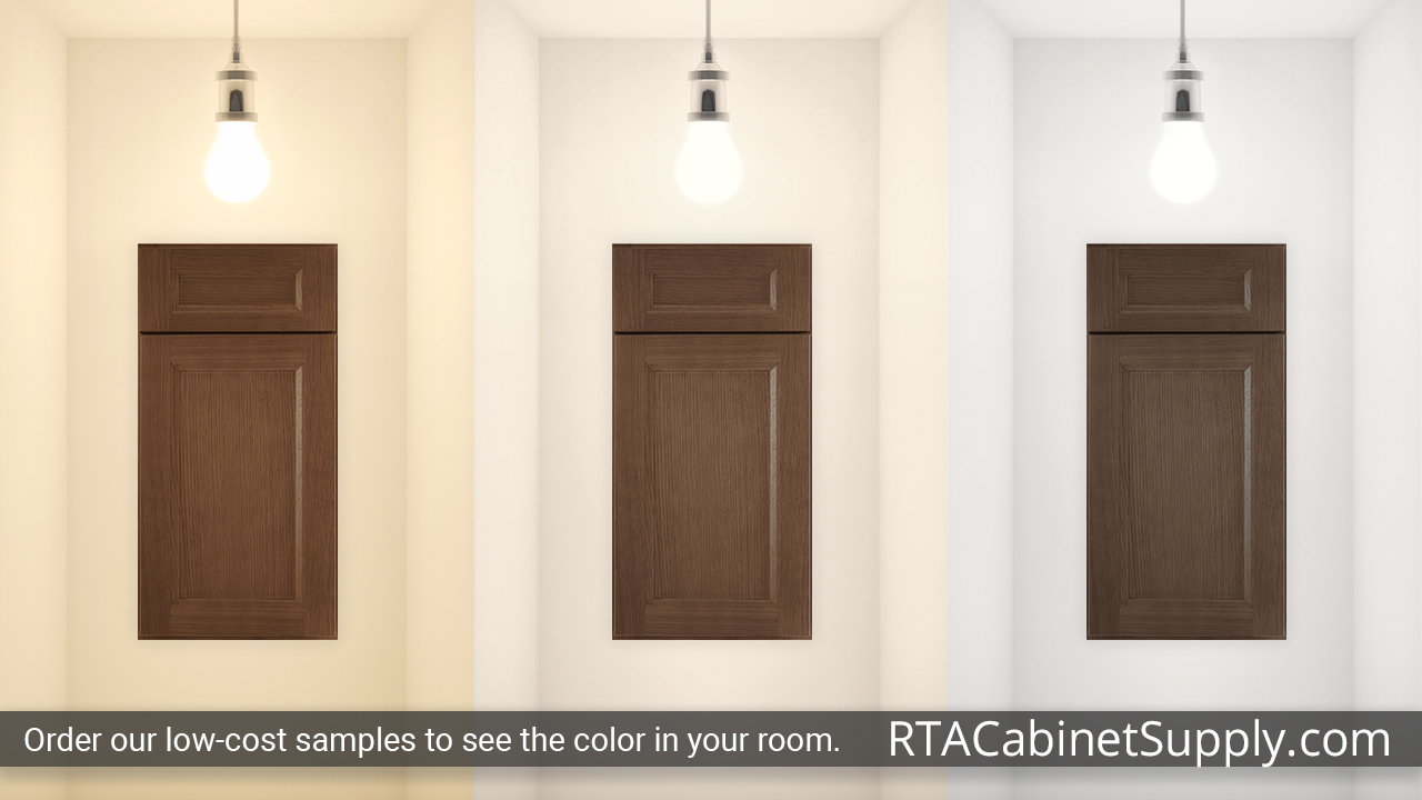 Easton Bourbon Oak cabinet door under different light.