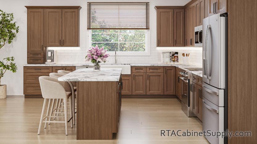 Easton Bourbon Oak kitchen front view with an island.
