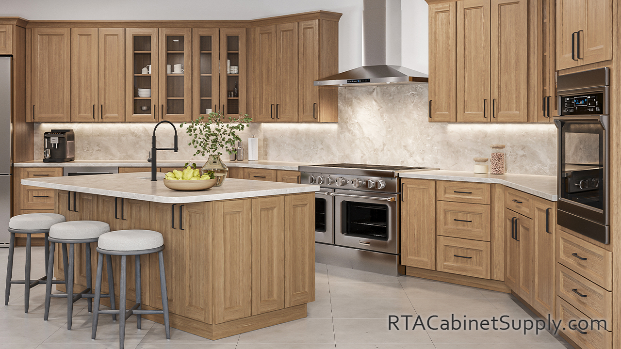 Easton Canyon Oak kitchen with wall glass cabinets.