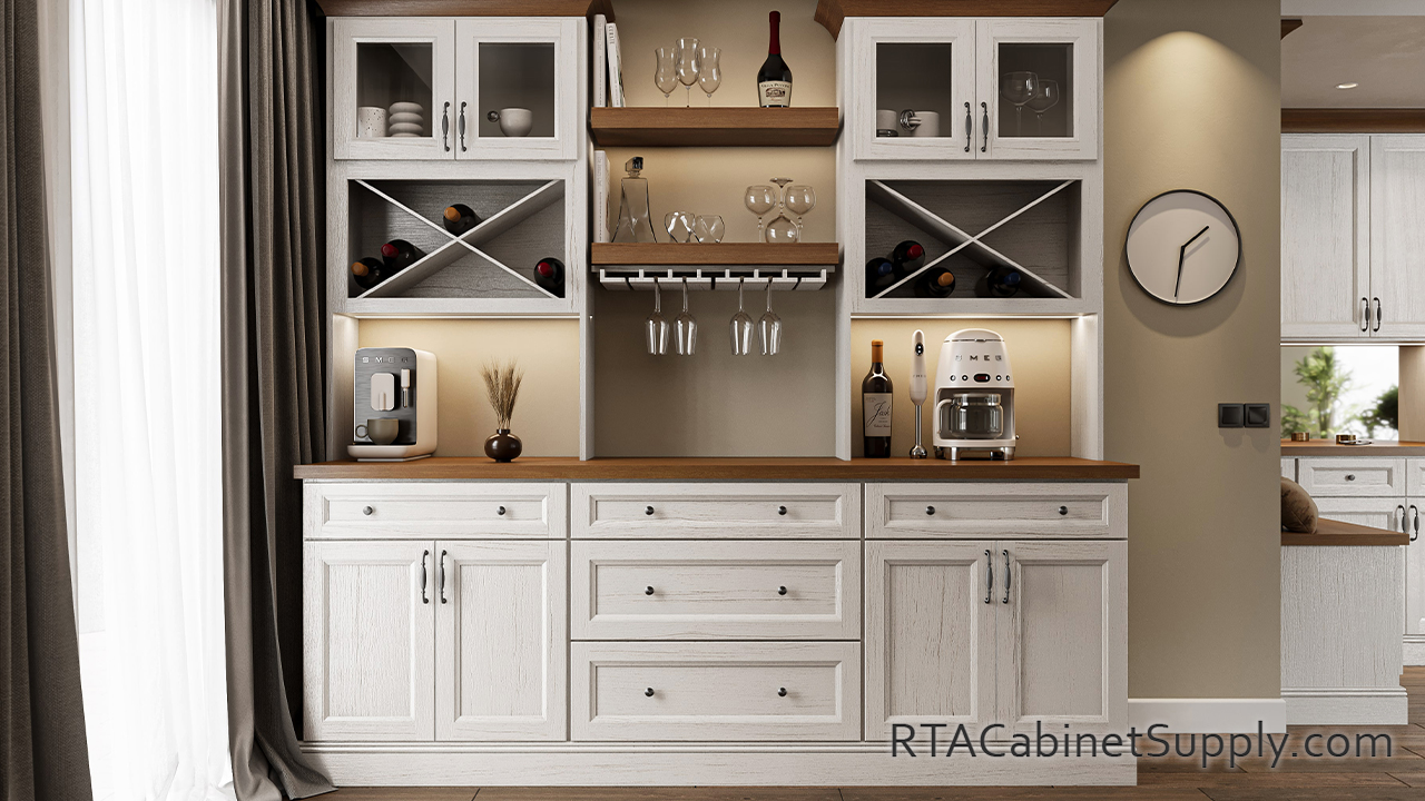 Easton Ivory Oak bar cabinets.