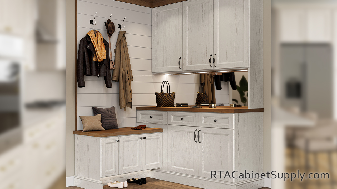 Easton Ivory Oak floating cabinets.