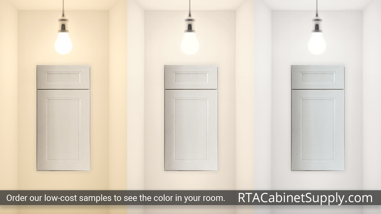 Easton Ivory Oak cabinet door under different light.