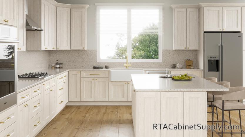 Easton Ivory Oak kitchen front view with an island.