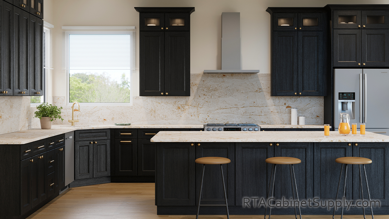 Easton Obsidian Oak kitchen front view with an island.