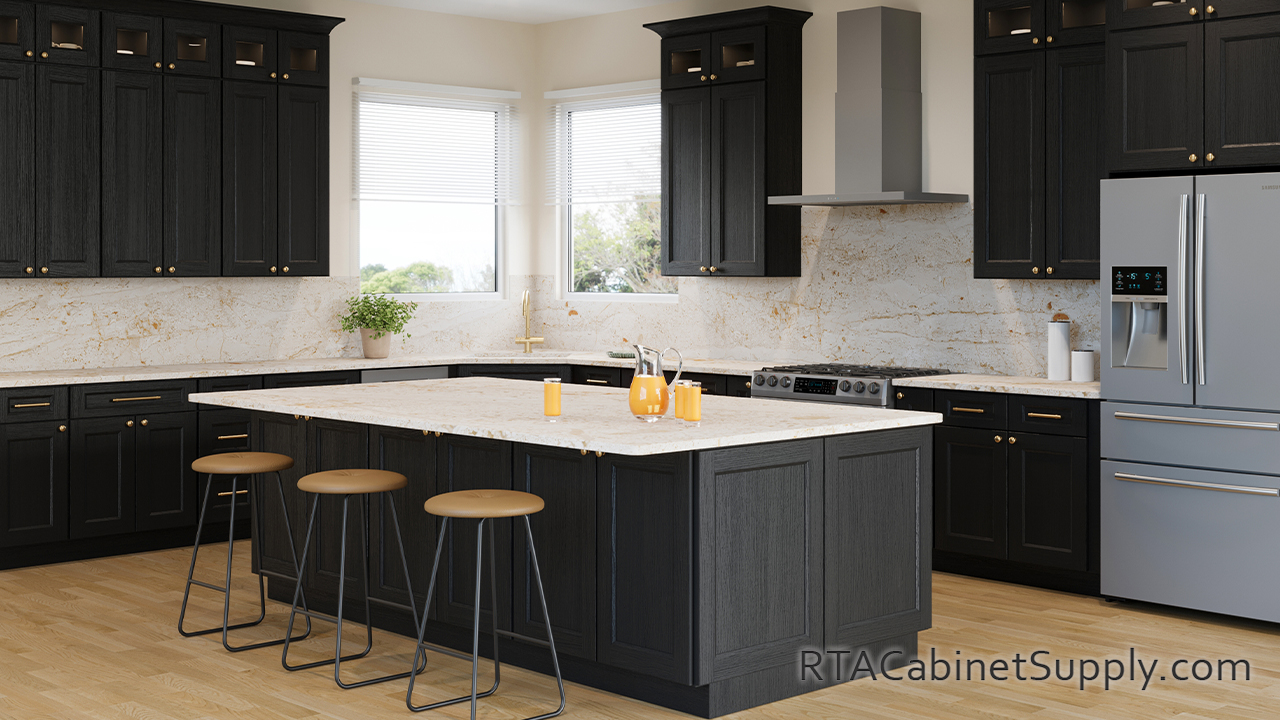 Easton Obsidian Oak angle view with an island.