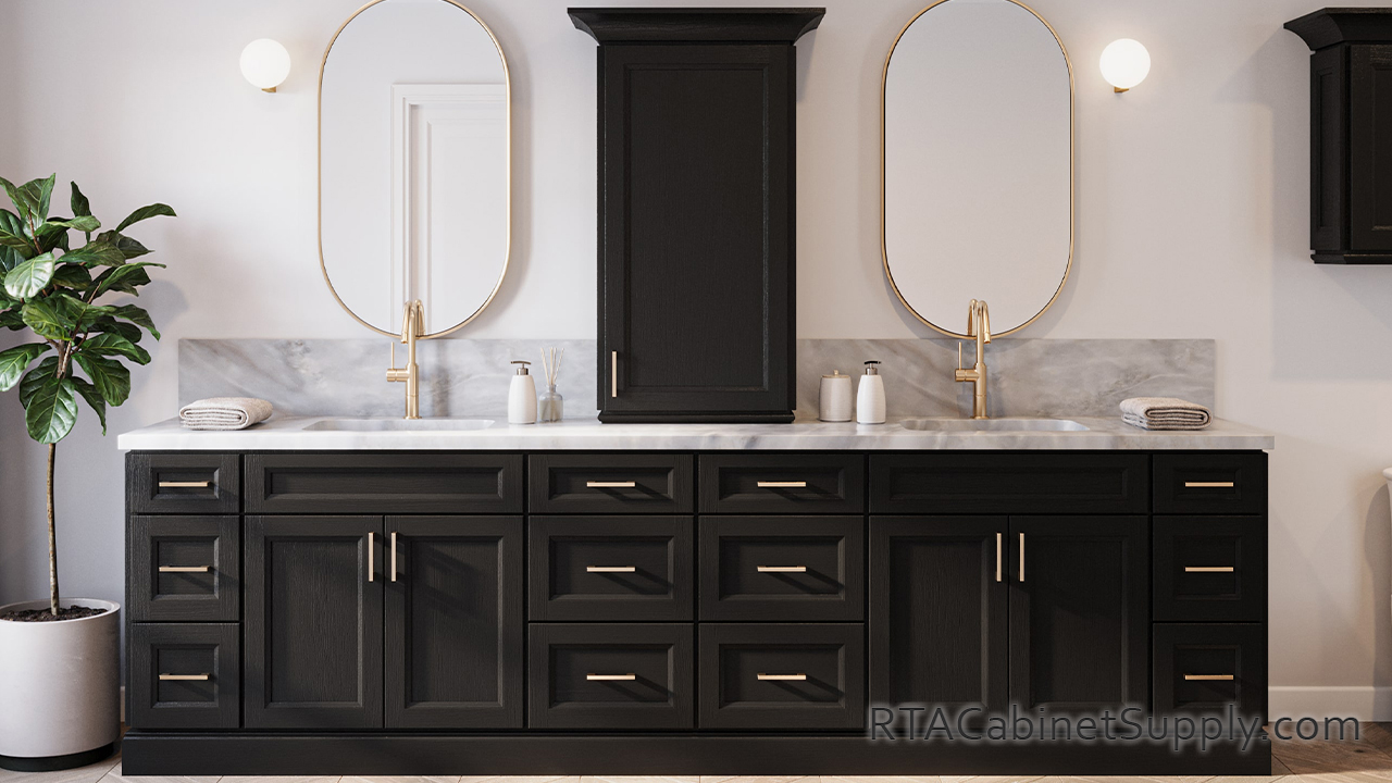 Easton Obsidian Oak bathroom vanity cabinets.