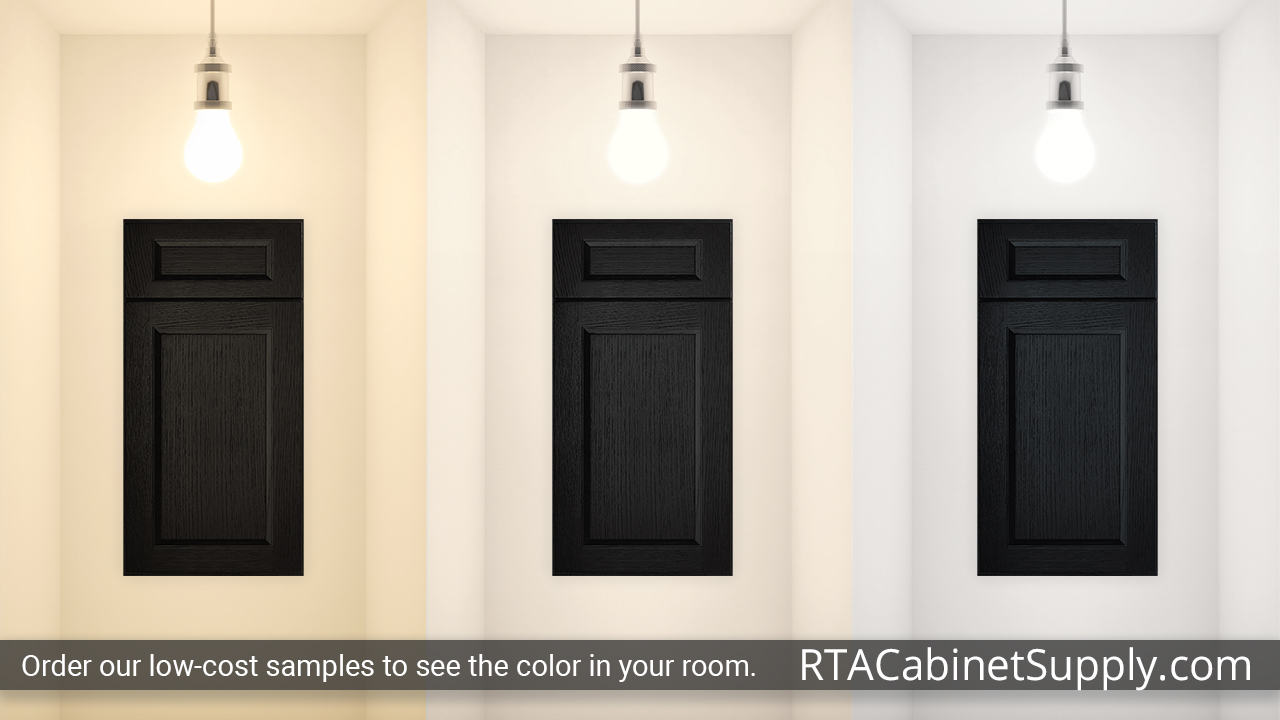 Easton Obsidian Oak cabinet door under different light.