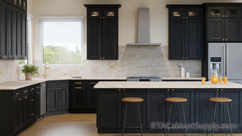 Easton Obsidian Oak kitchen front view with an island.
