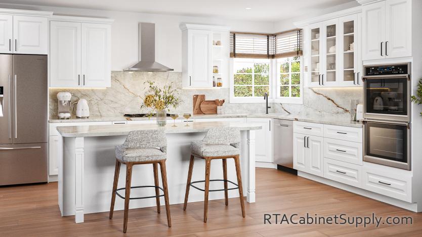 Essex White kitchen full view with an island.