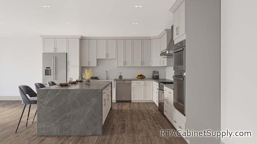 Hanover Dove kitchen full view with an island.