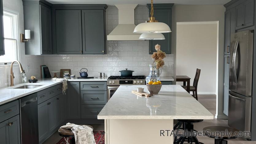 Hanover Sage kitchen full view with an island.