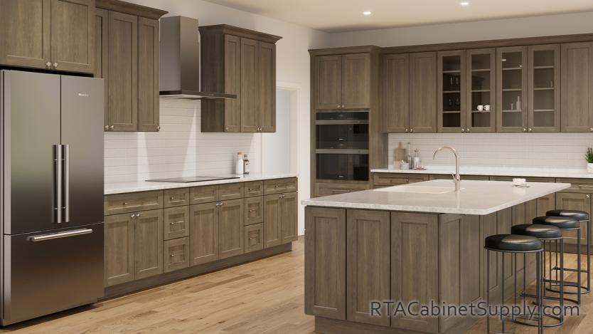 Harmony Ember kitchen angle view with glass door wall cabinets.
