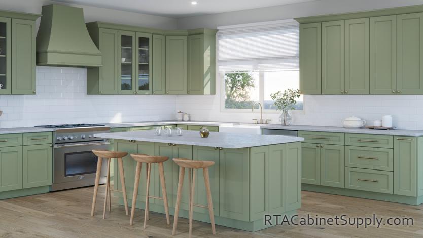 Harmony Sage kitchen angle view with an island.