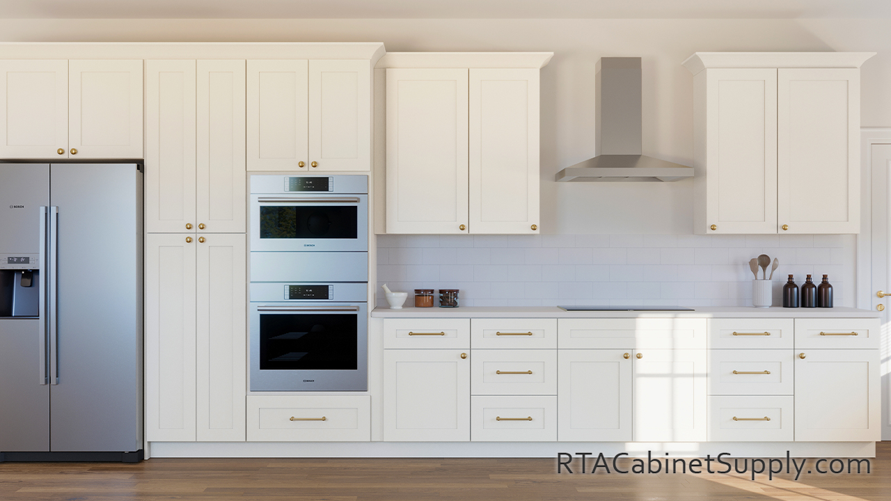 Madison Dune Shaker kitchen front view with a pantry and oven cabinets.