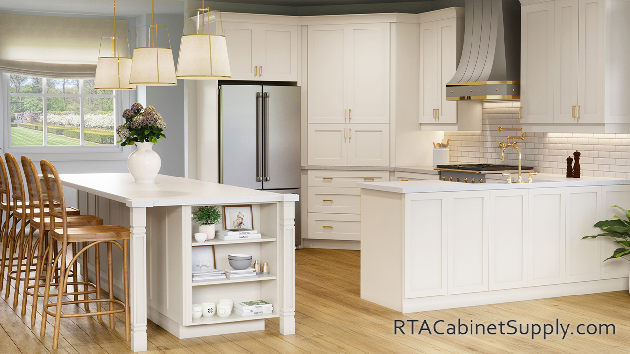 Madison Dune Shaker kitchen with an island and countertop cabinets.
