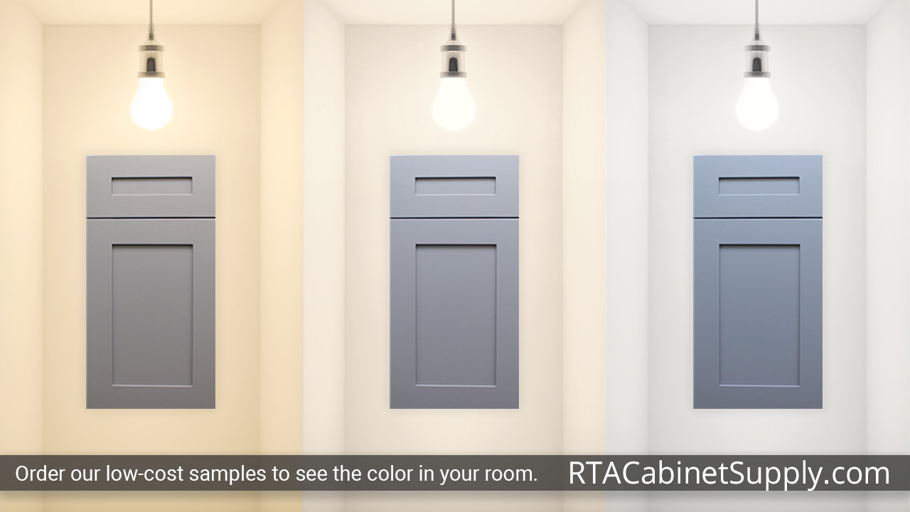 Madison Grey Shaker cabinet door under different light.