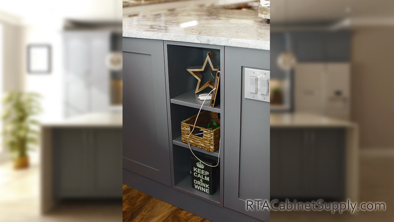 Madison Grey Shaker base cabinets with shelves.