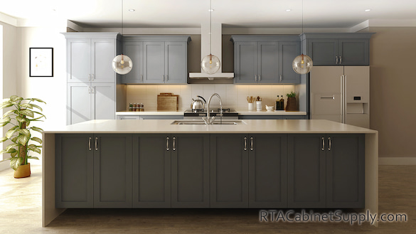 Madison Grey Shaker kitchen full view with an island.