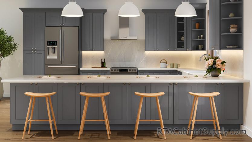 Madison Grey Shaker kitchen full view with an island.