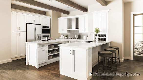 Madison Pearl Shaker kitchen full view with an island.