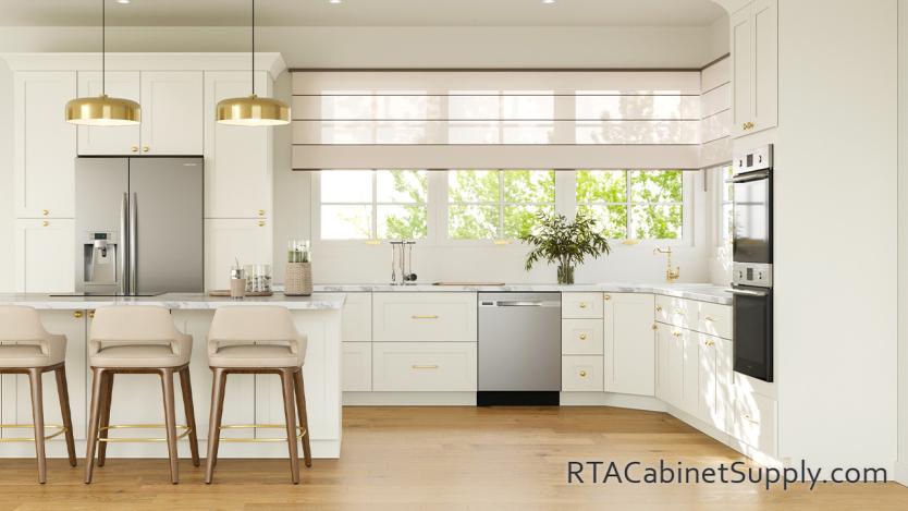 Madison Pearl Shaker kitchen full view with an island and pantry cabinets.