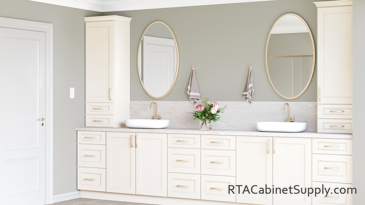 Malibu Dove bathroom vanity cabinets full view.