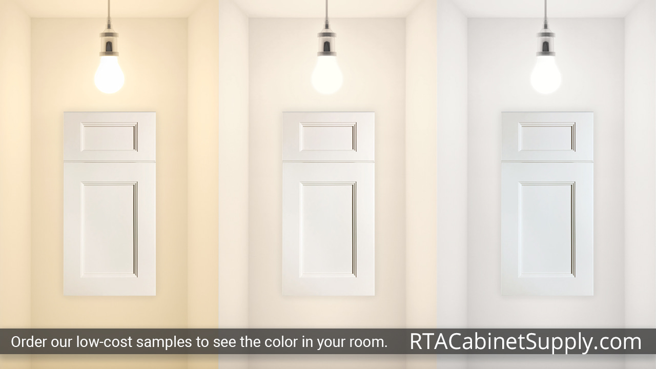 Malibu Dove cabinet door under different light.