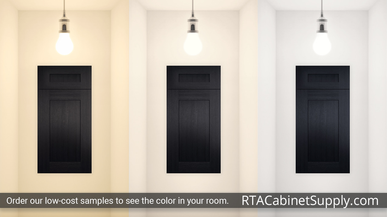 Newport Blaze Black Shaker cabinet door under different light.