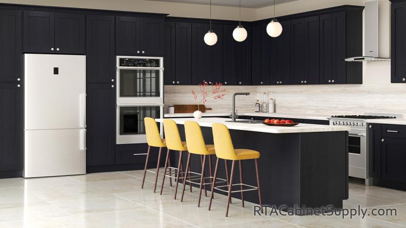 Newport Blaze Black Shaker kitchen front view with an island.