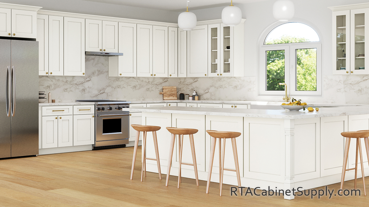 Newport Champagne Shaker kitchen angle view with an island.